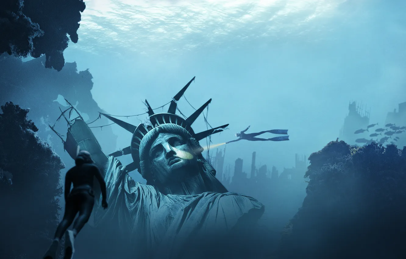 Photo wallpaper water, the diver, statue, USA, United States, the statue of liberty, digital art, post-Apocalypse