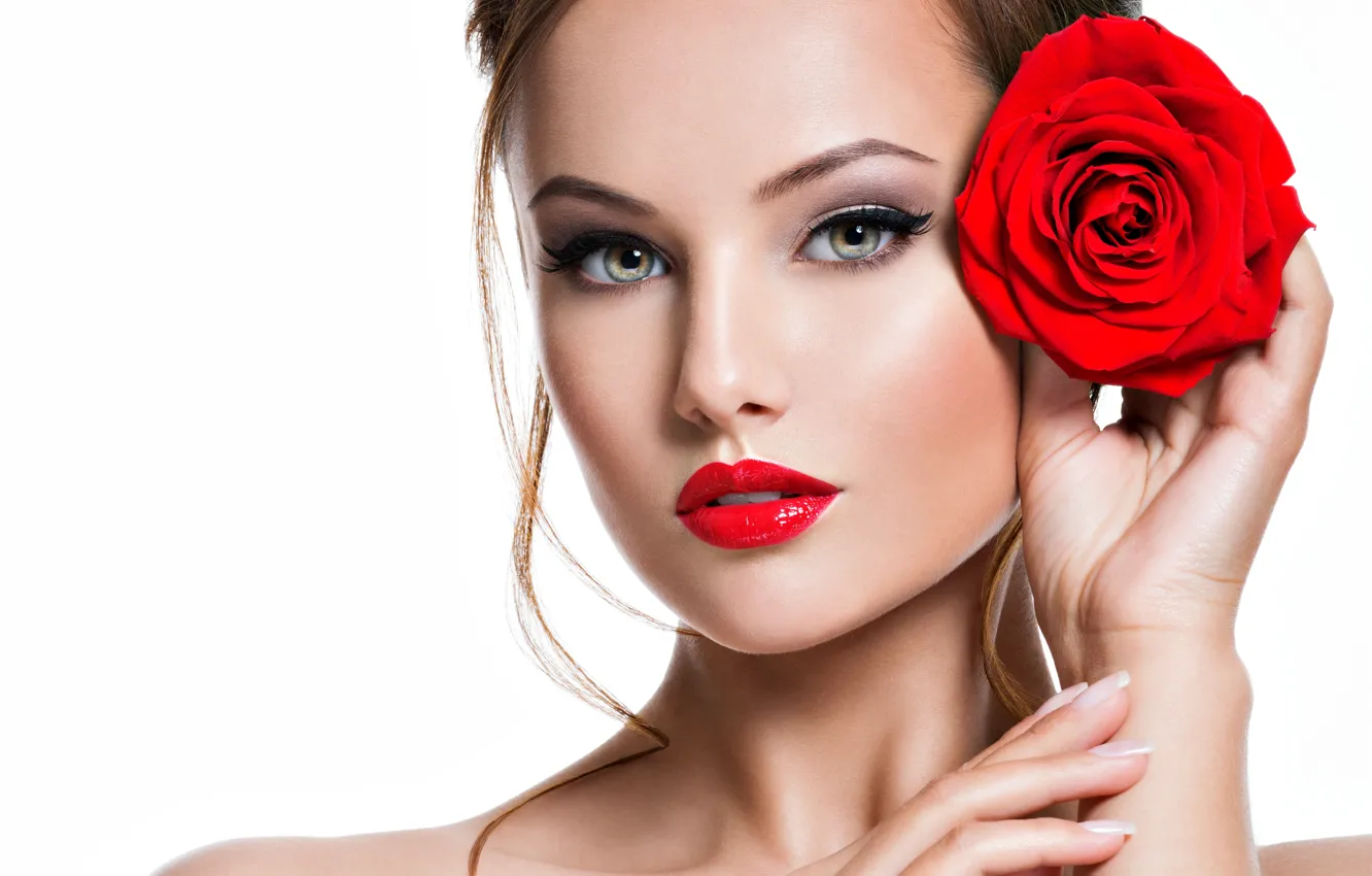 Photo wallpaper girl, face, rose, hand, portrait, makeup, hairstyle, red
