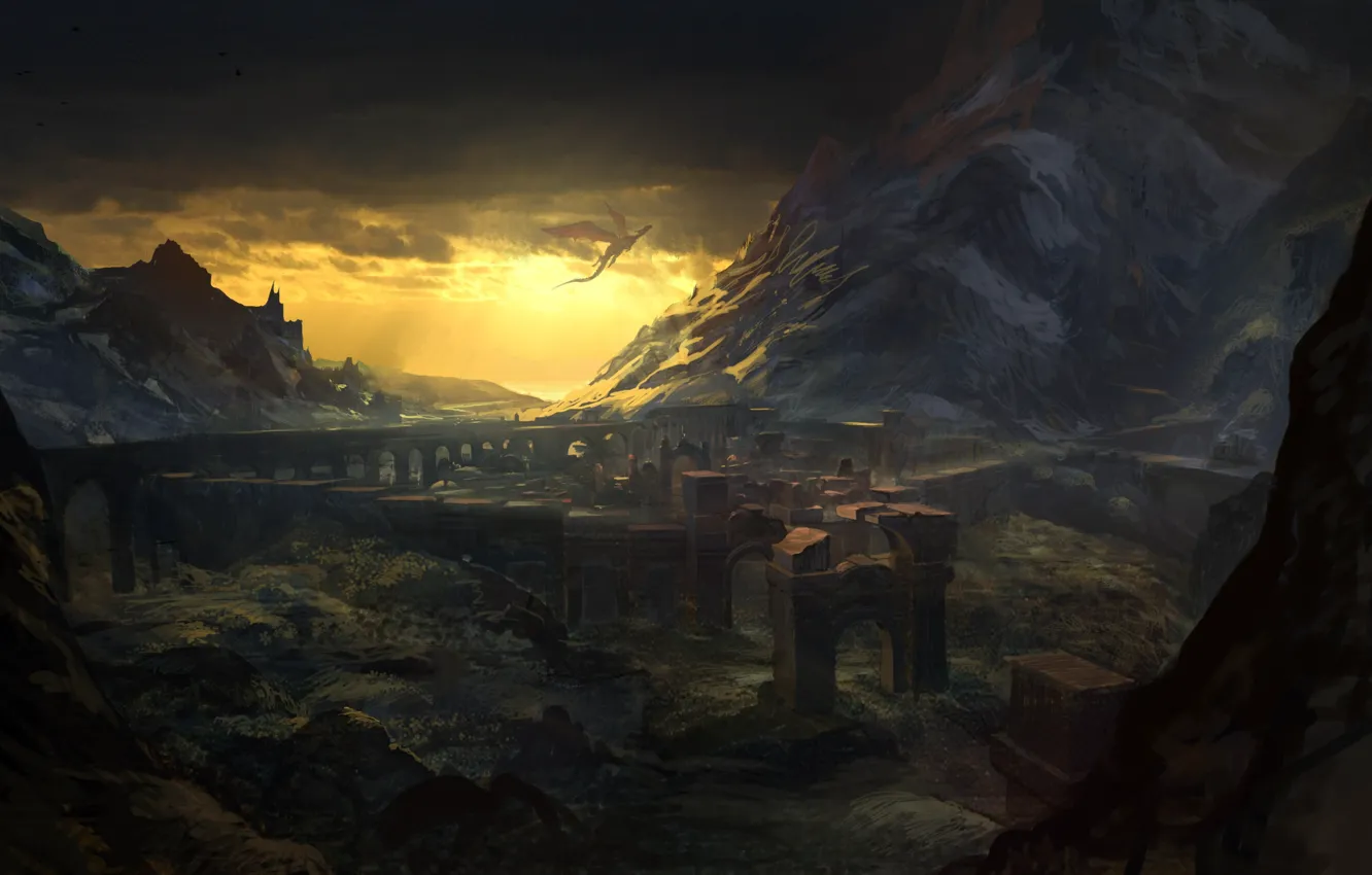 Photo wallpaper landscape, mountains, rocks, dragon, ruins, arch, the witcher 2, the Witcher 2