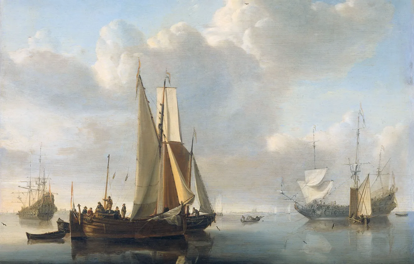 Photo wallpaper sea, trees, oil, picture, sail, Willem van de Velde the Younger, Boats at the Shore