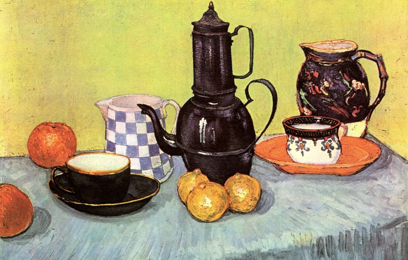 Photo wallpaper table, apples, kettle, lemons, Vincent van Gogh, Earthenware and Fruit, Still Life Blue Enamel Coffeepot