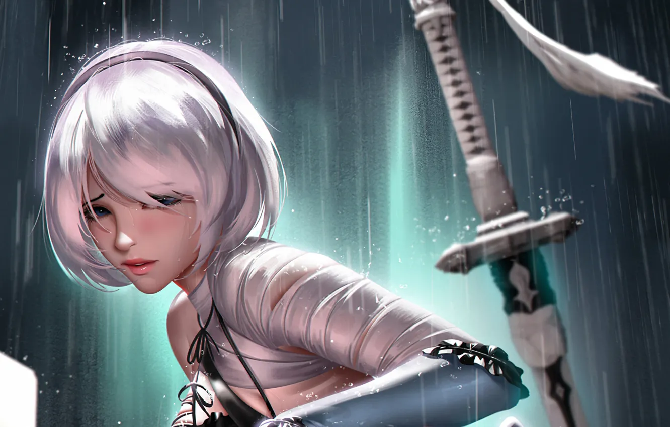 Photo wallpaper look, rain, bokeh, The blonde, YoRHa No.2 Type B, fantasy art, 2B NieR Automata, sword …