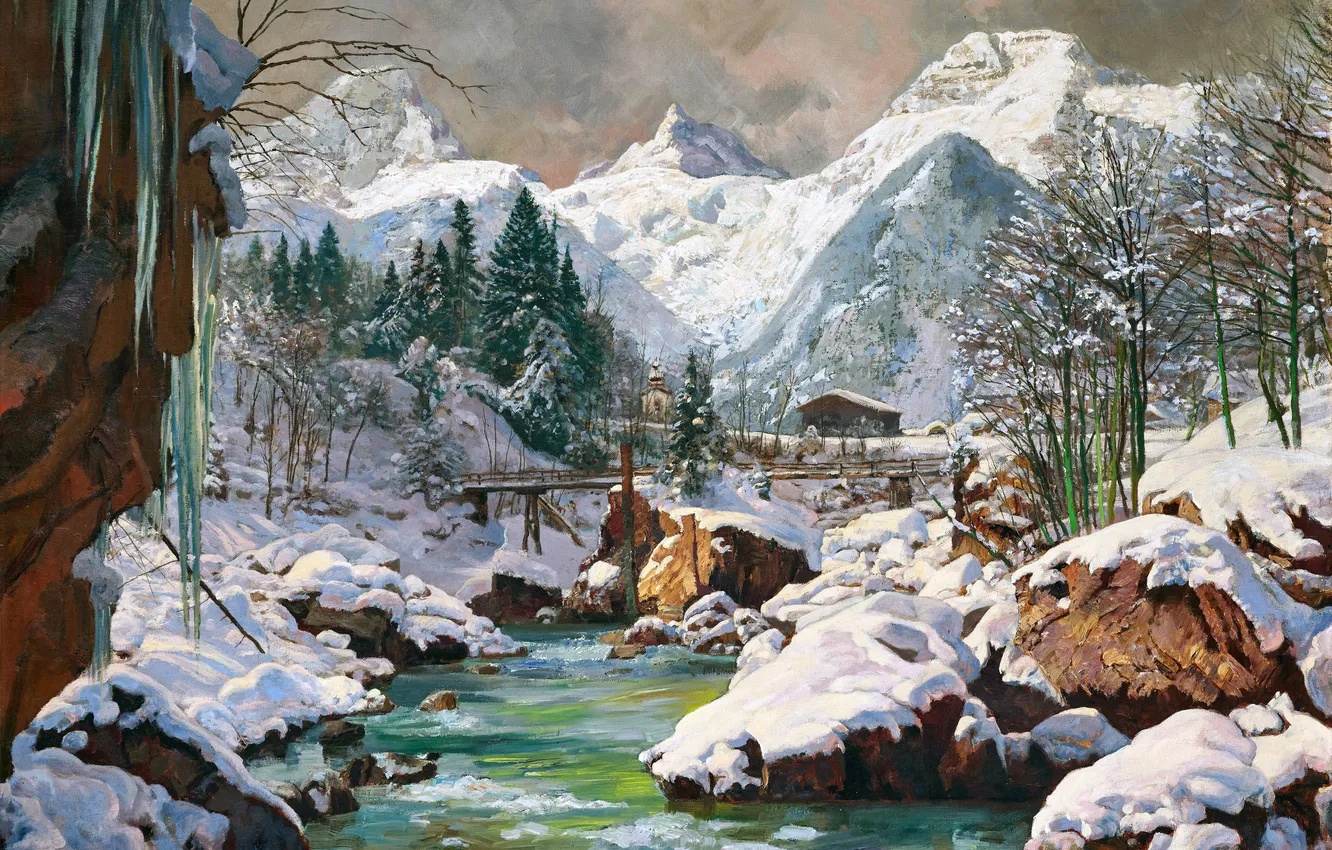 Photo wallpaper winter, snow, trees, mountains, home, picture, river, Alois Arnegger