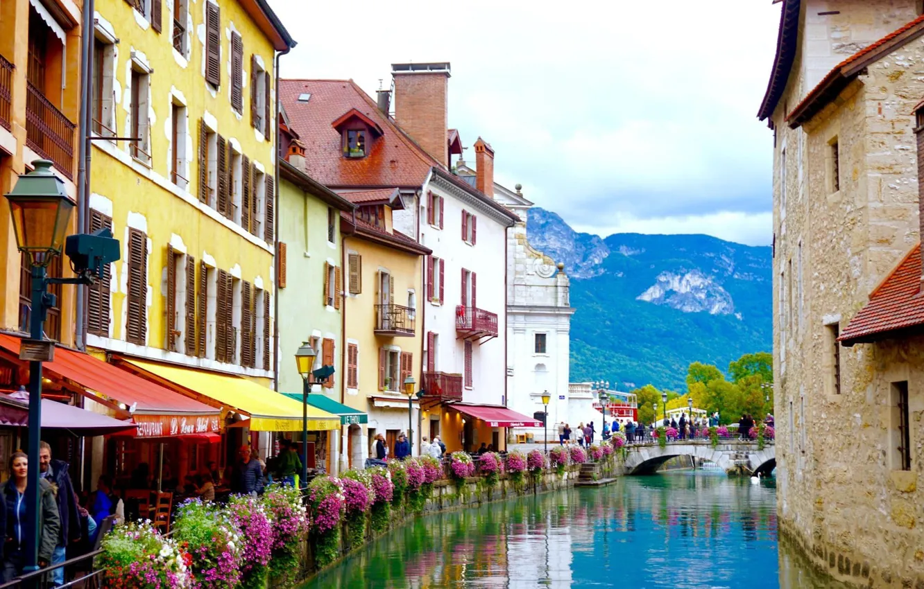 Photo wallpaper flowers, mountains, river, France, home, Alps, Annecy