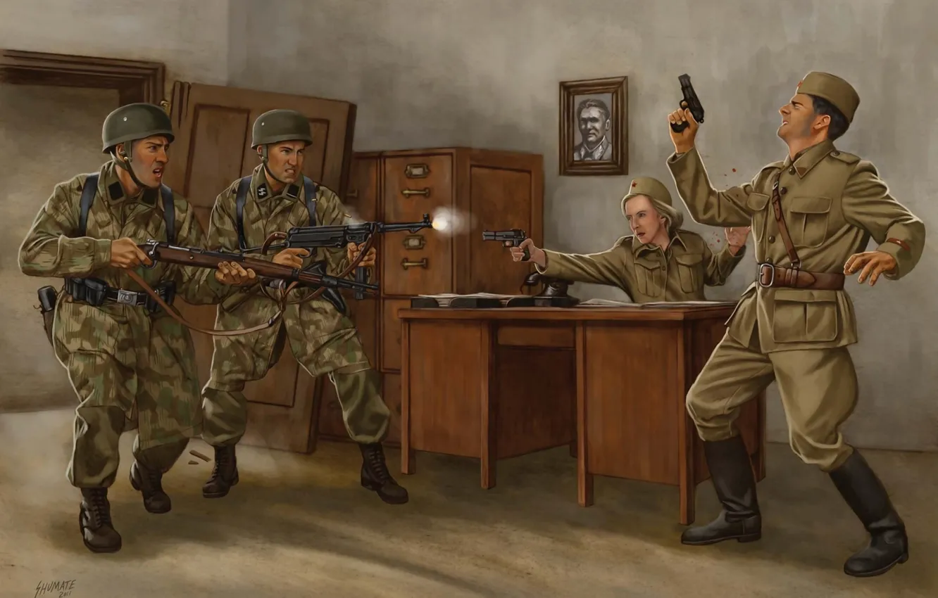 Photo wallpaper weapons, figure, art, soldiers, shootout, invasion, The great Patriotic war