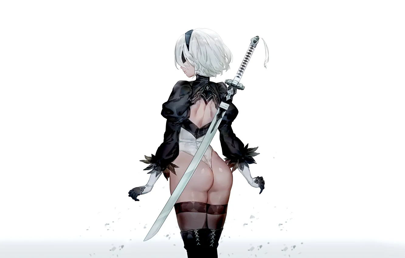 Photo wallpaper sword, ass, weapon, thong, white background, rear view, Nier Automata