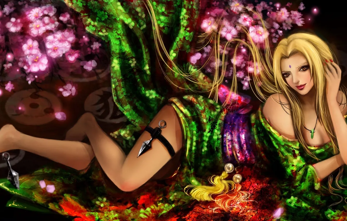 Photo wallpaper girl, flowers, weapons, Sakura, art, Naruto, lying, RikaMello