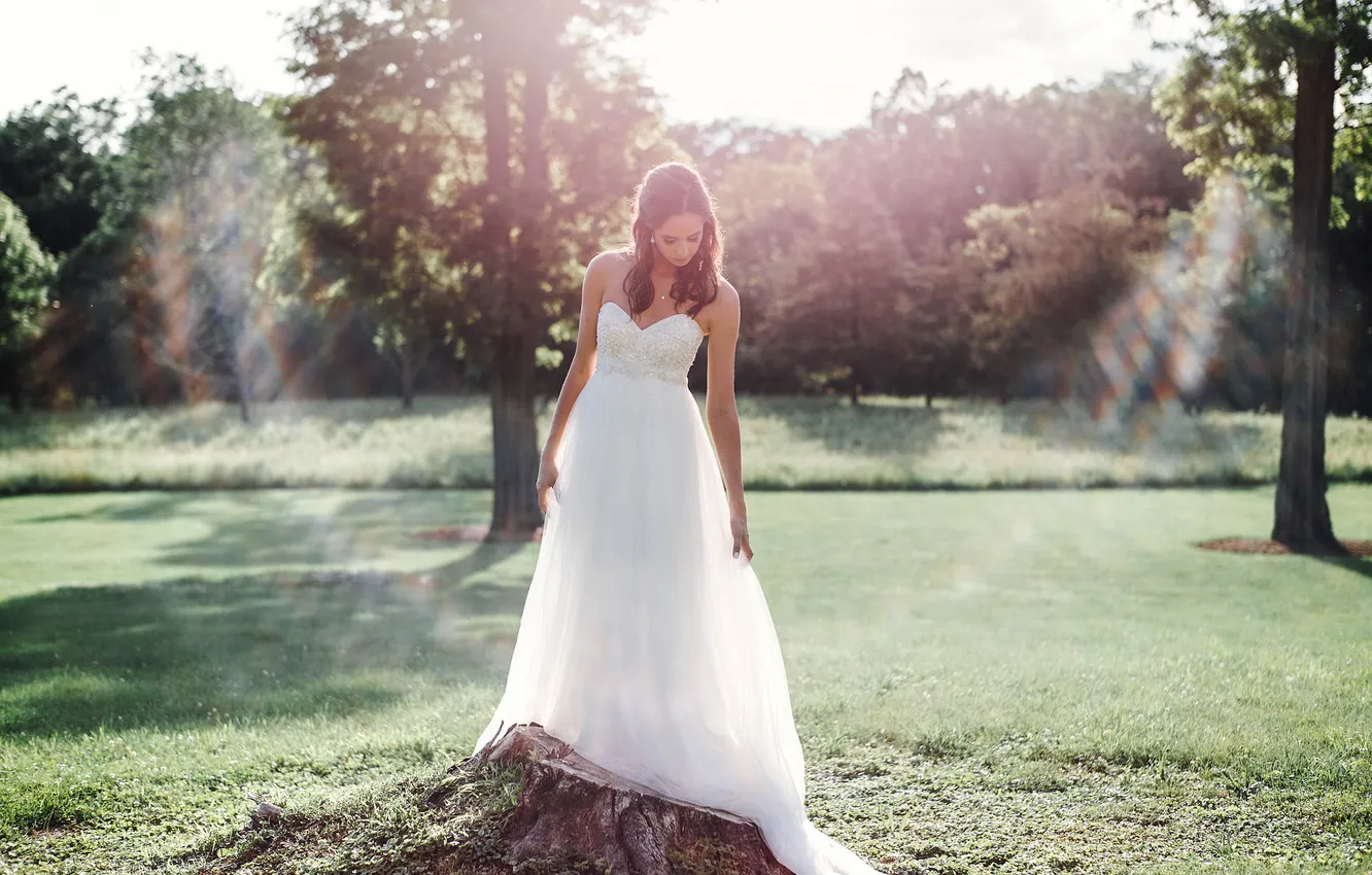 Photo wallpaper white, grass, girl, dress, the bride