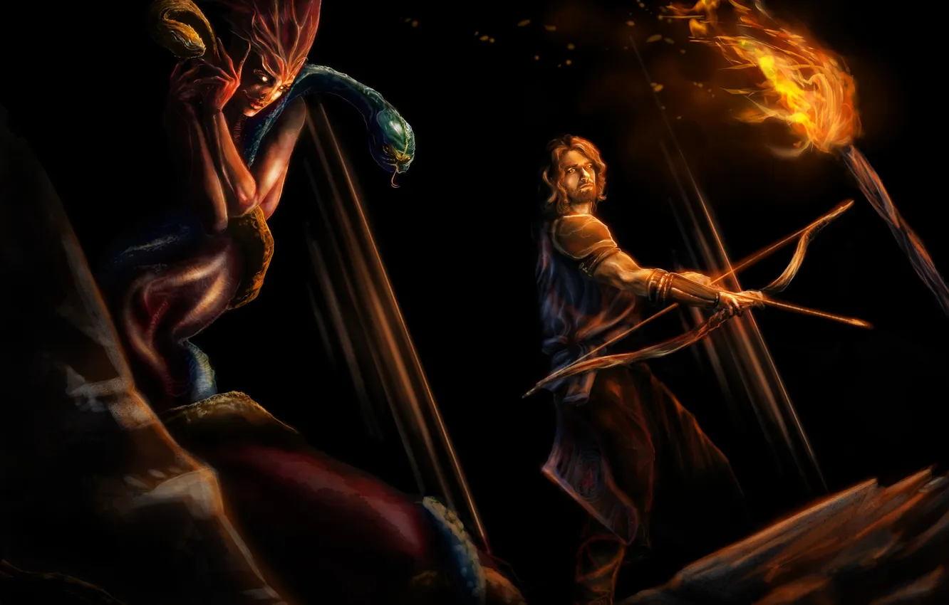 Photo wallpaper look, lights, fiction, people, snake, bow, art, columns