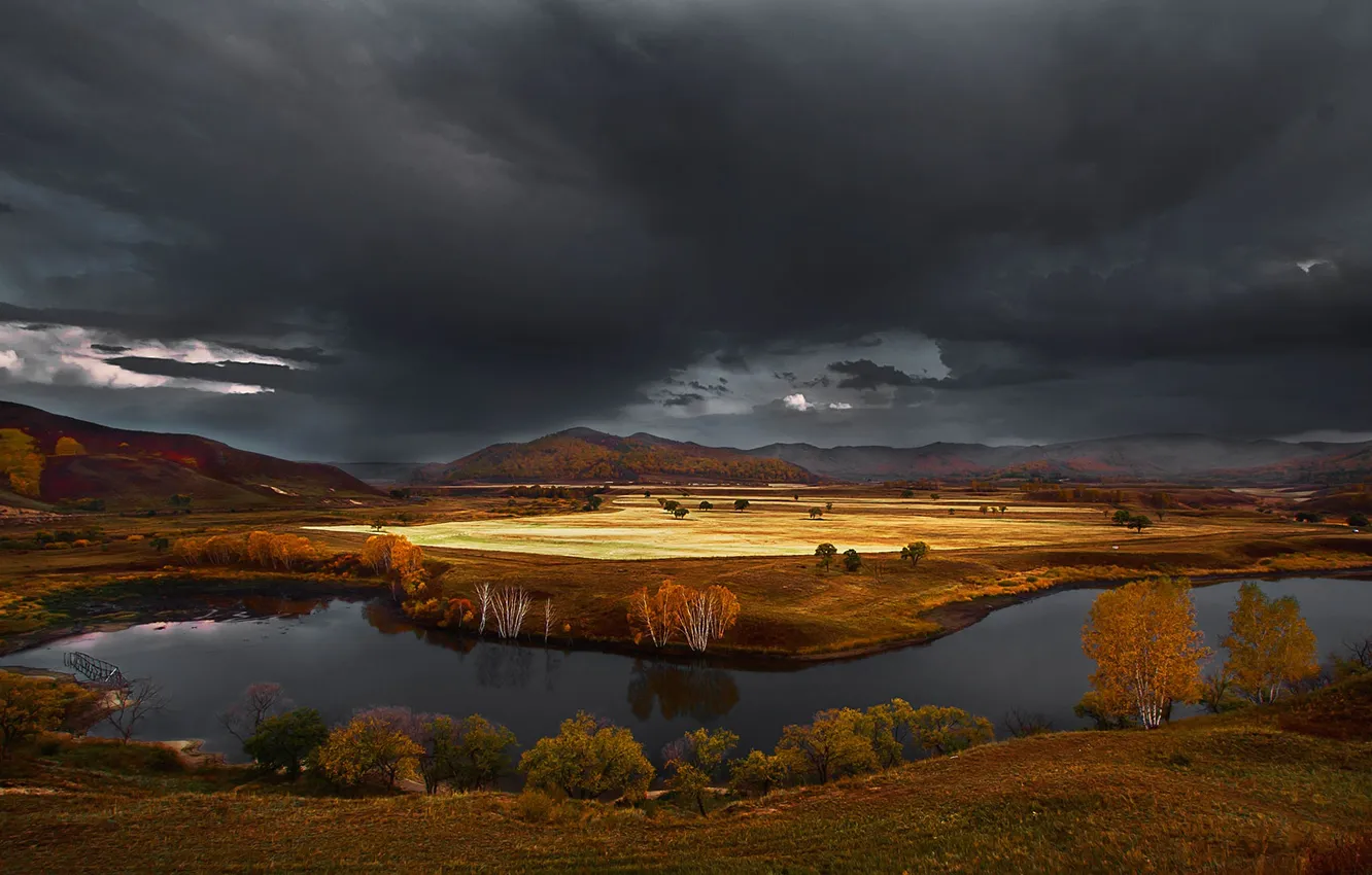Photo wallpaper autumn, mountains, clouds, nature, river, hills, China