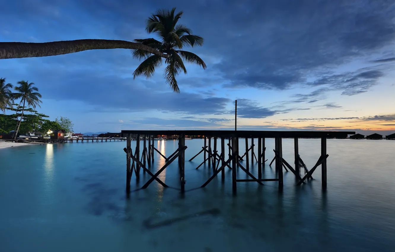 Photo wallpaper sea, palm trees, the evening, Bungalow, platform