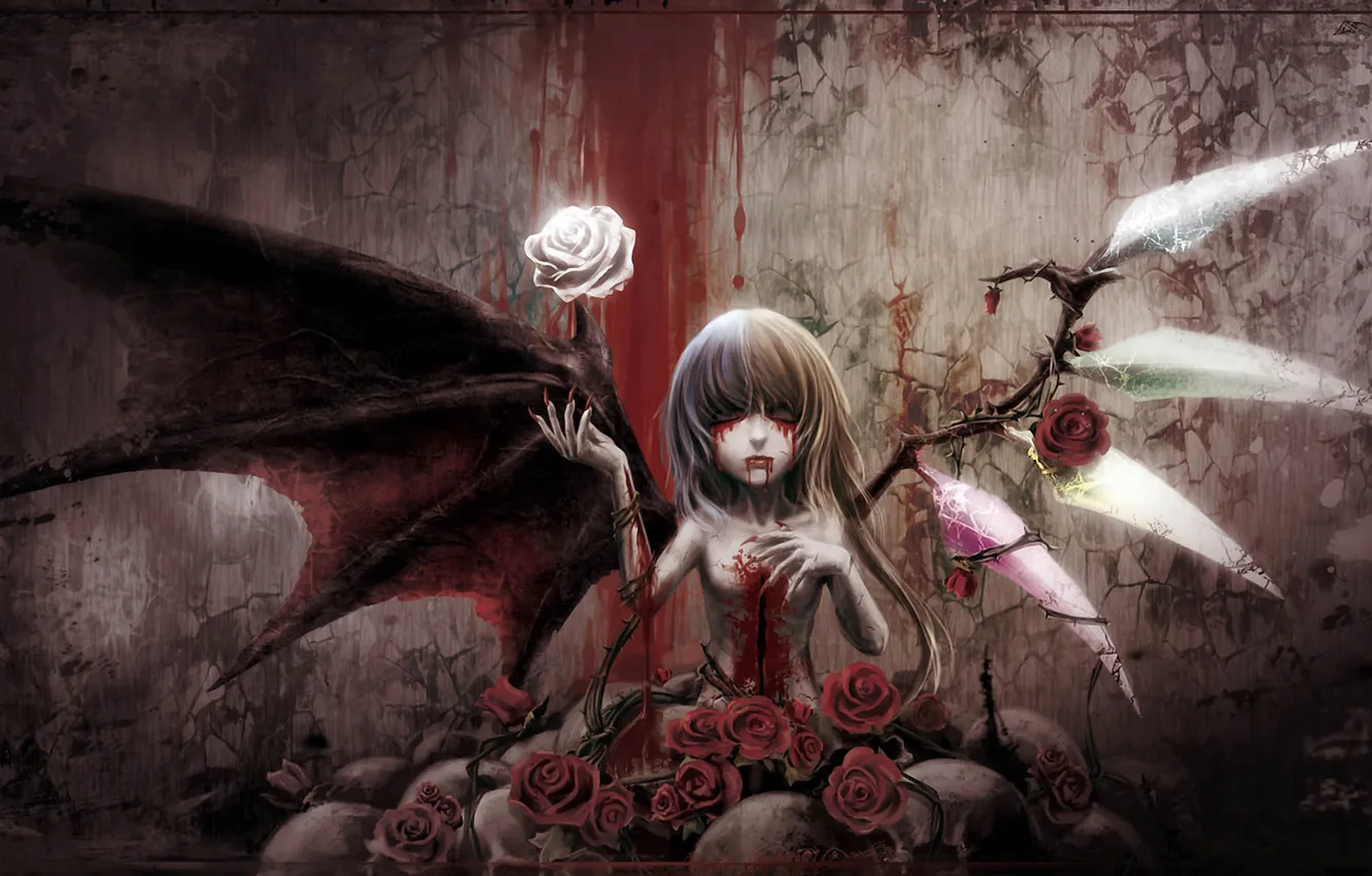 Photo wallpaper girl, blood, roses, wings, spikes, vampire, Touhou