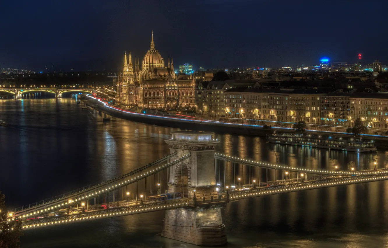 Photo wallpaper bridge, river, building, night city, promenade, Hungary, Hungary, Budapest