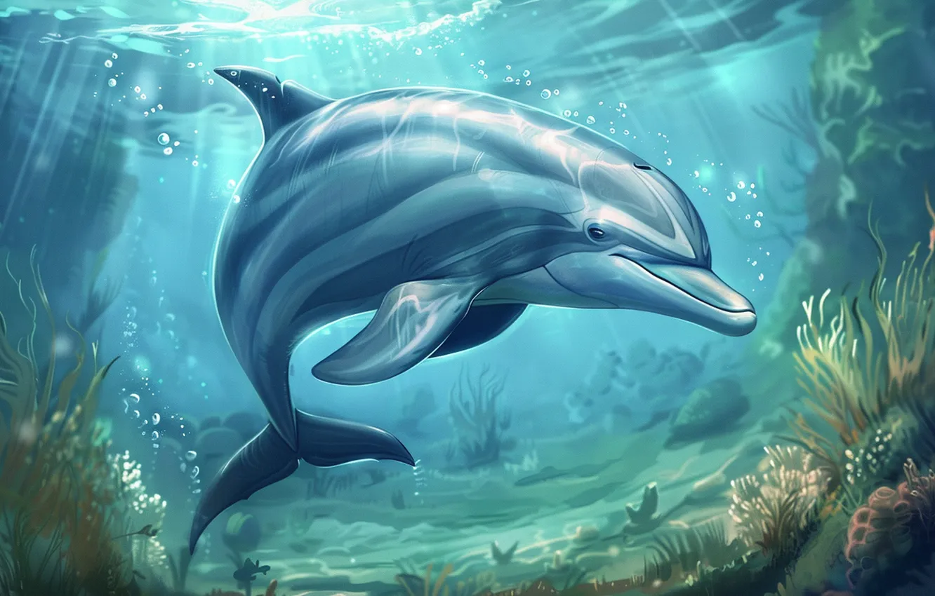 Photo wallpaper dolphins, underwater world, digital art, AI art, The Art of Artificial Intelligence, neural network