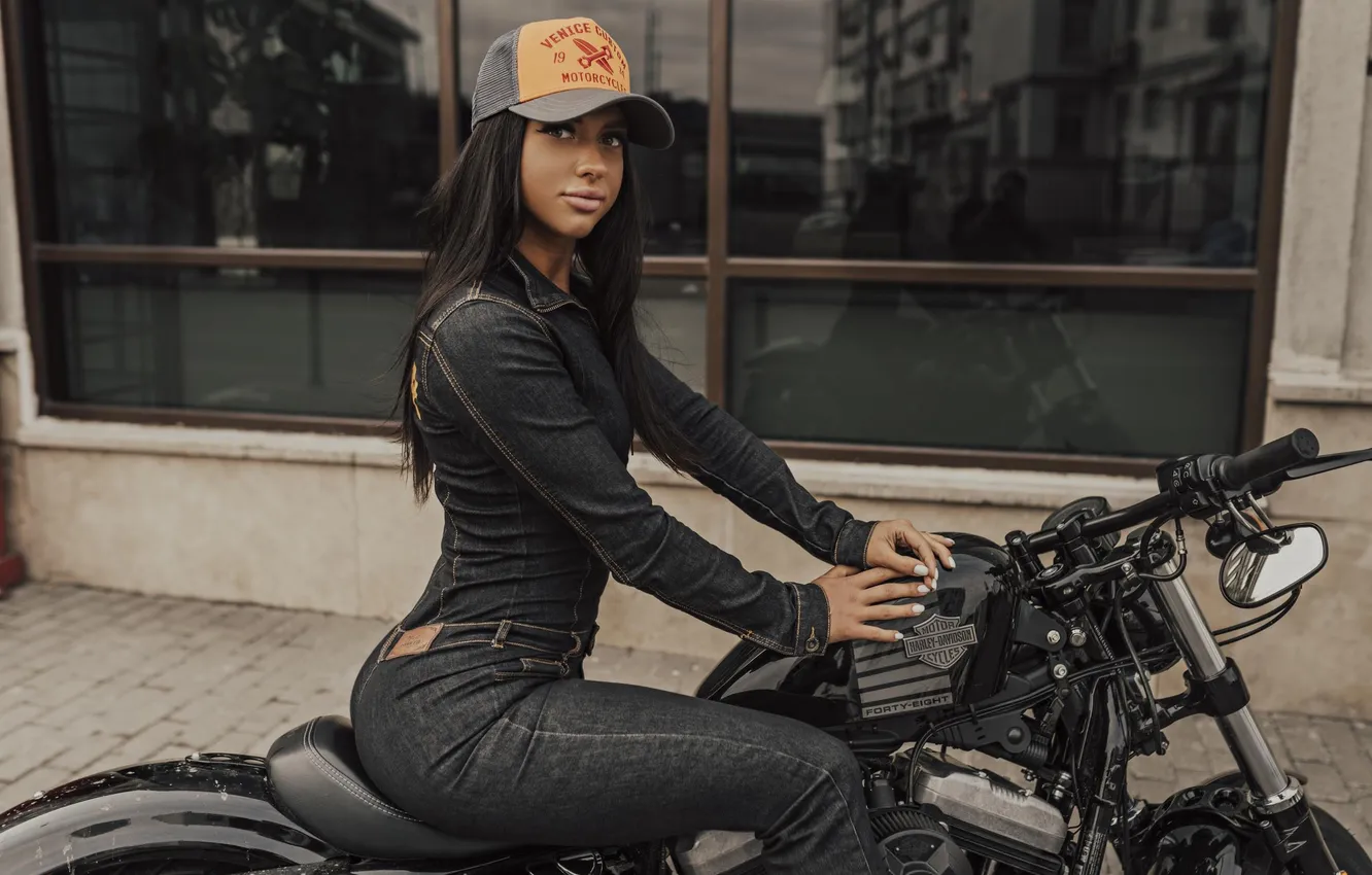 Photo wallpaper girl, beautiful, motorcycle, model, sweet, brunette, long-haired, leather jacket