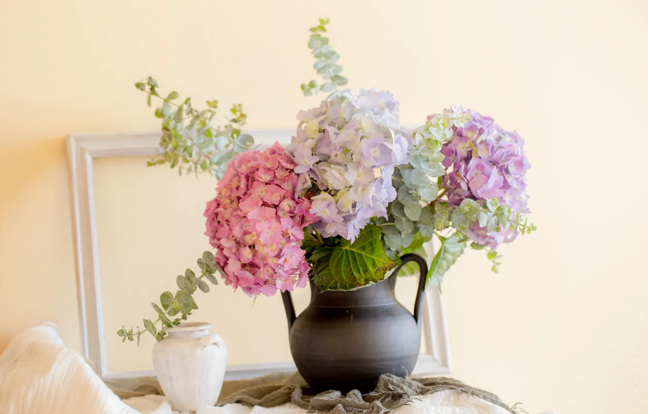 Photo wallpaper background, bouquet, vase, hydrangea