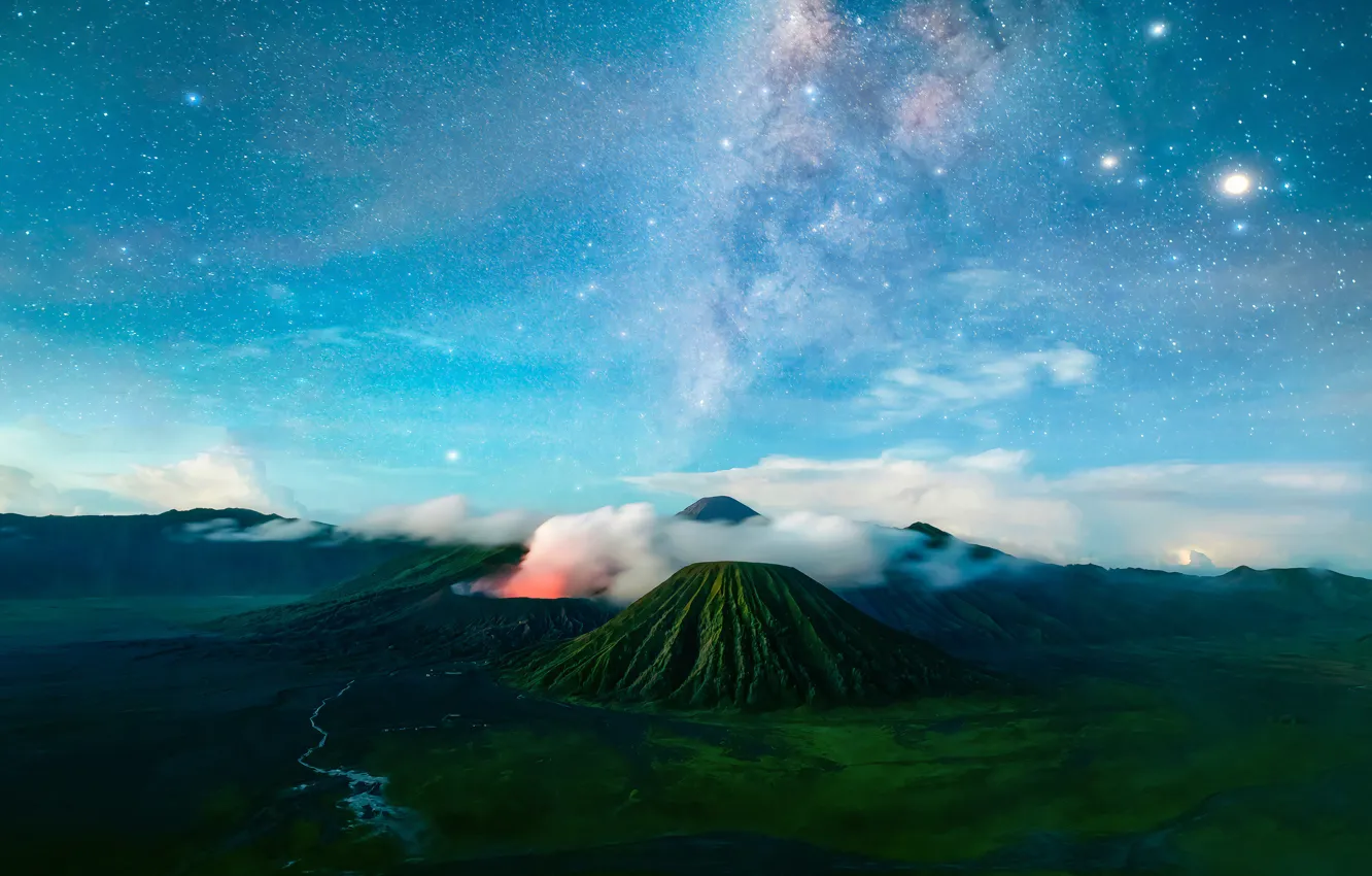 Photo wallpaper the sky, stars, clouds, mountains, night, river, blue, the volcano