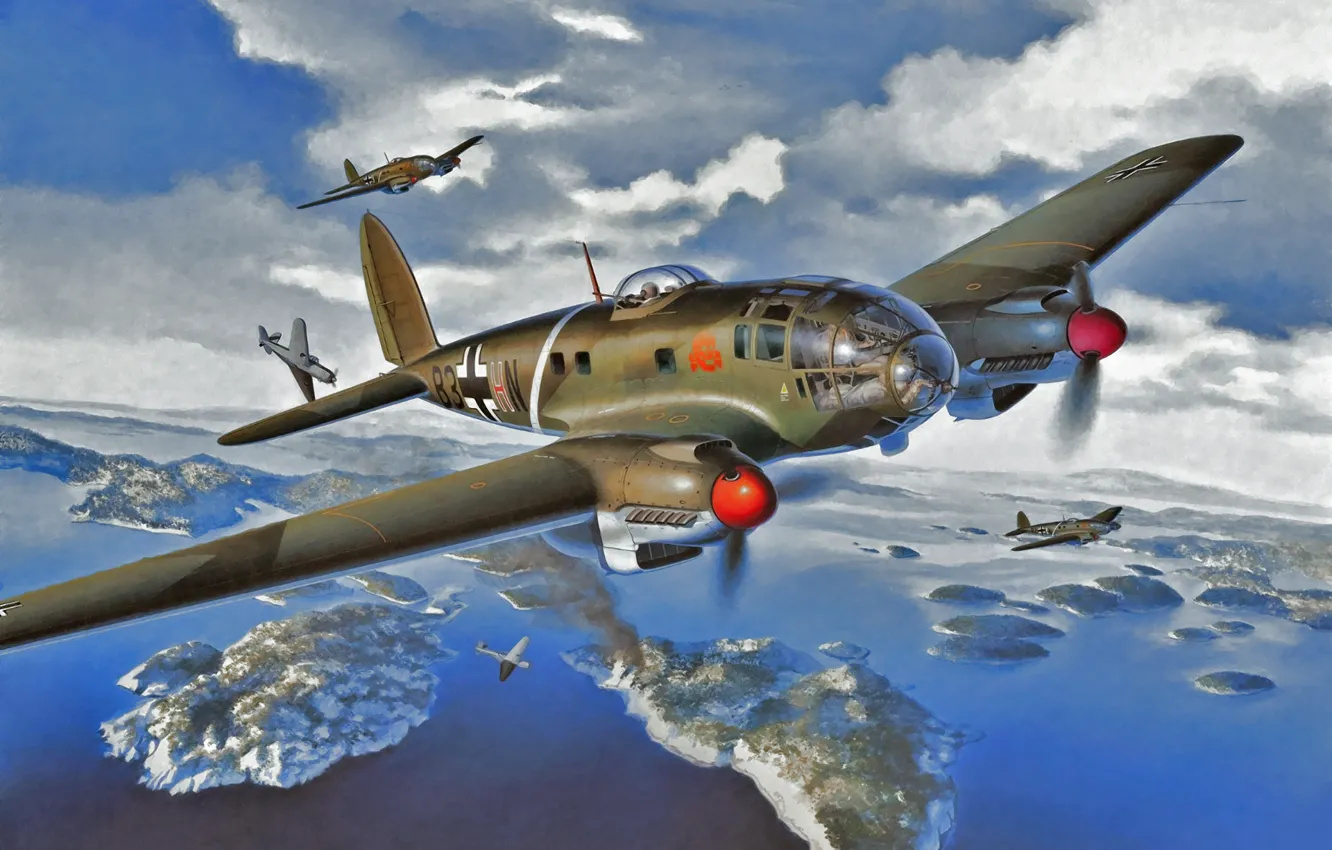 Photo wallpaper bomber, art, airplane, painting, aviation, Heinkel He 111, ww2.war