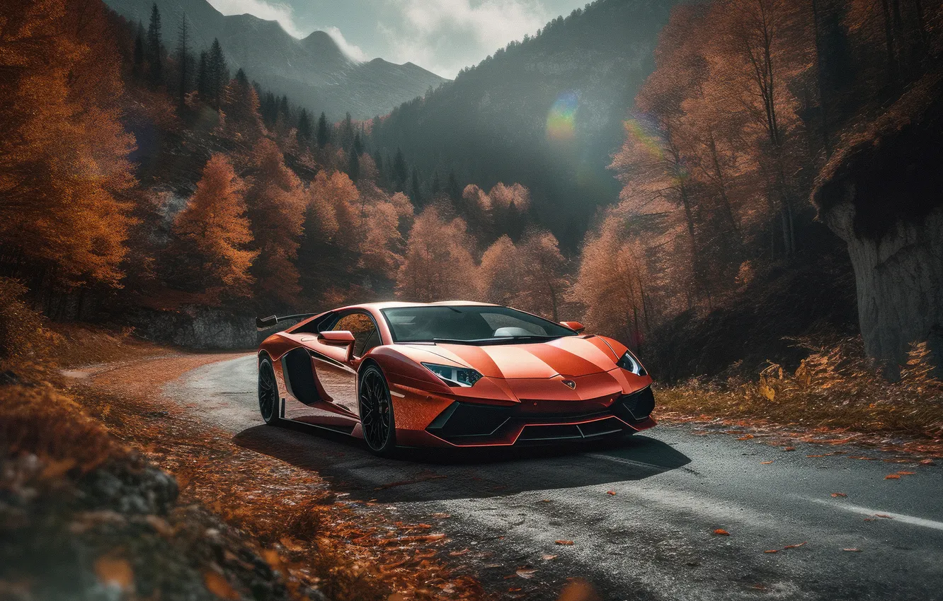 Photo wallpaper cars, Lamborghini Aventador, roadway, AI Art, Autumn background, Orange aesthetic, Autumn Scenery