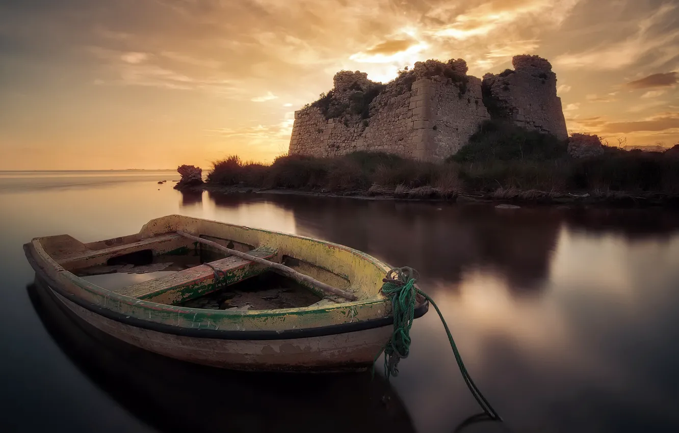 Photo wallpaper sunset, shore, boat, ruins