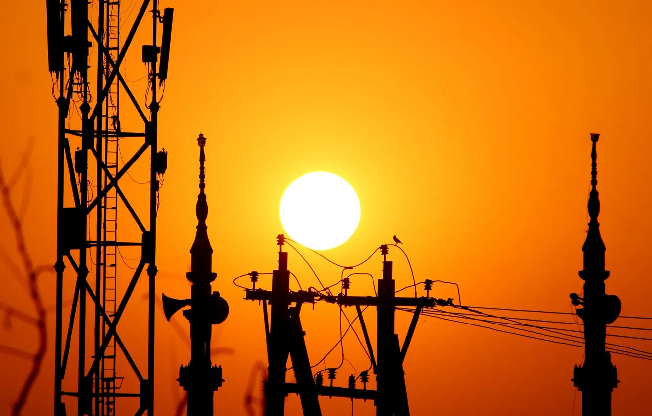 Photo wallpaper sunset, wire, The sun, silhouette, tower, support, mast