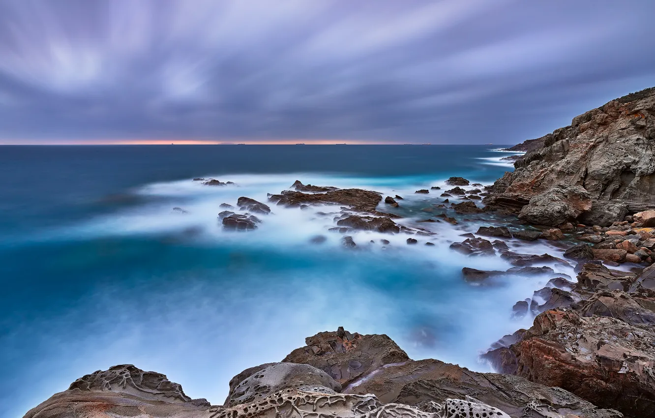 Photo wallpaper sea, the sky, clouds, landscape, blue, nature, fog, stones