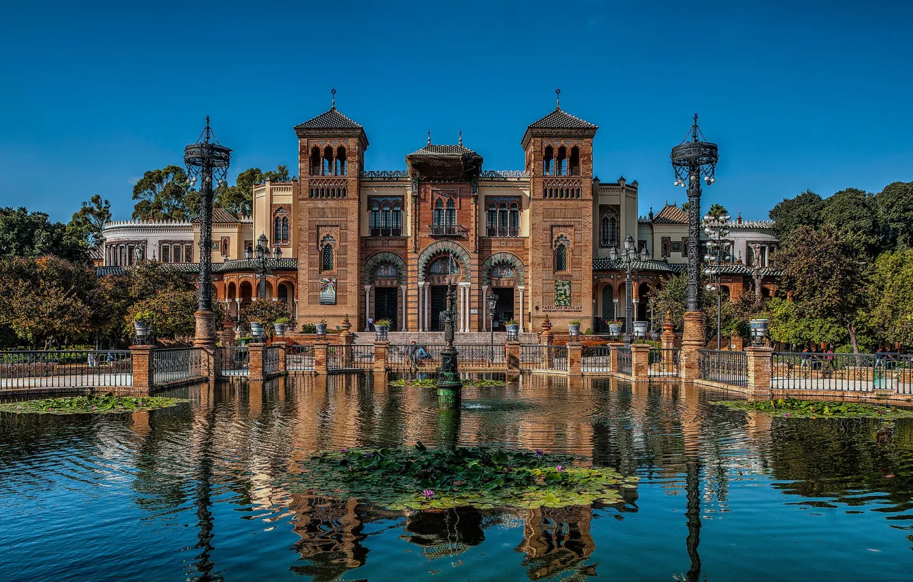 Photo wallpaper pond, the building, lights, architecture, Spain, Spain, Seville, Andalusia