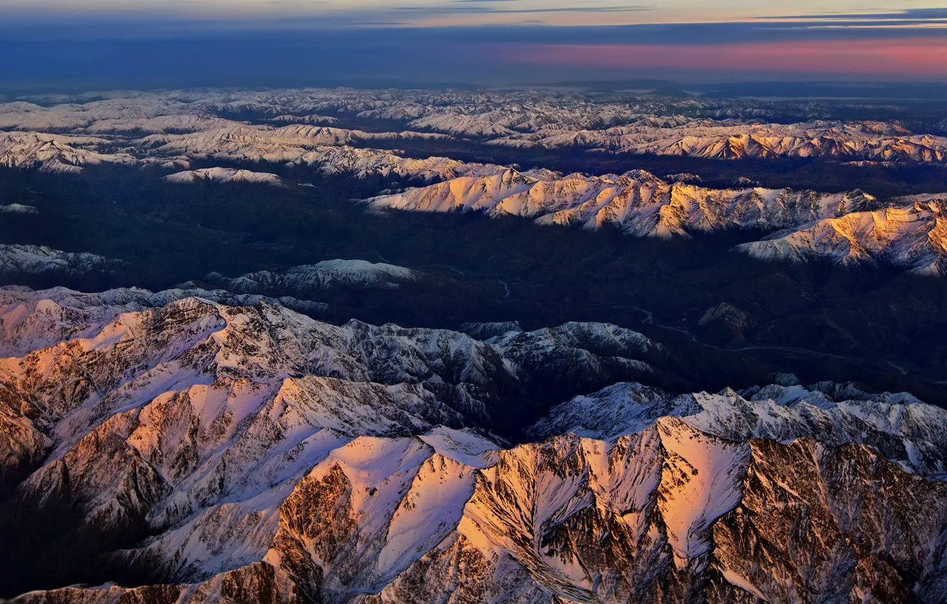 Photo wallpaper the sky, clouds, snow, sunset, mountains, tops