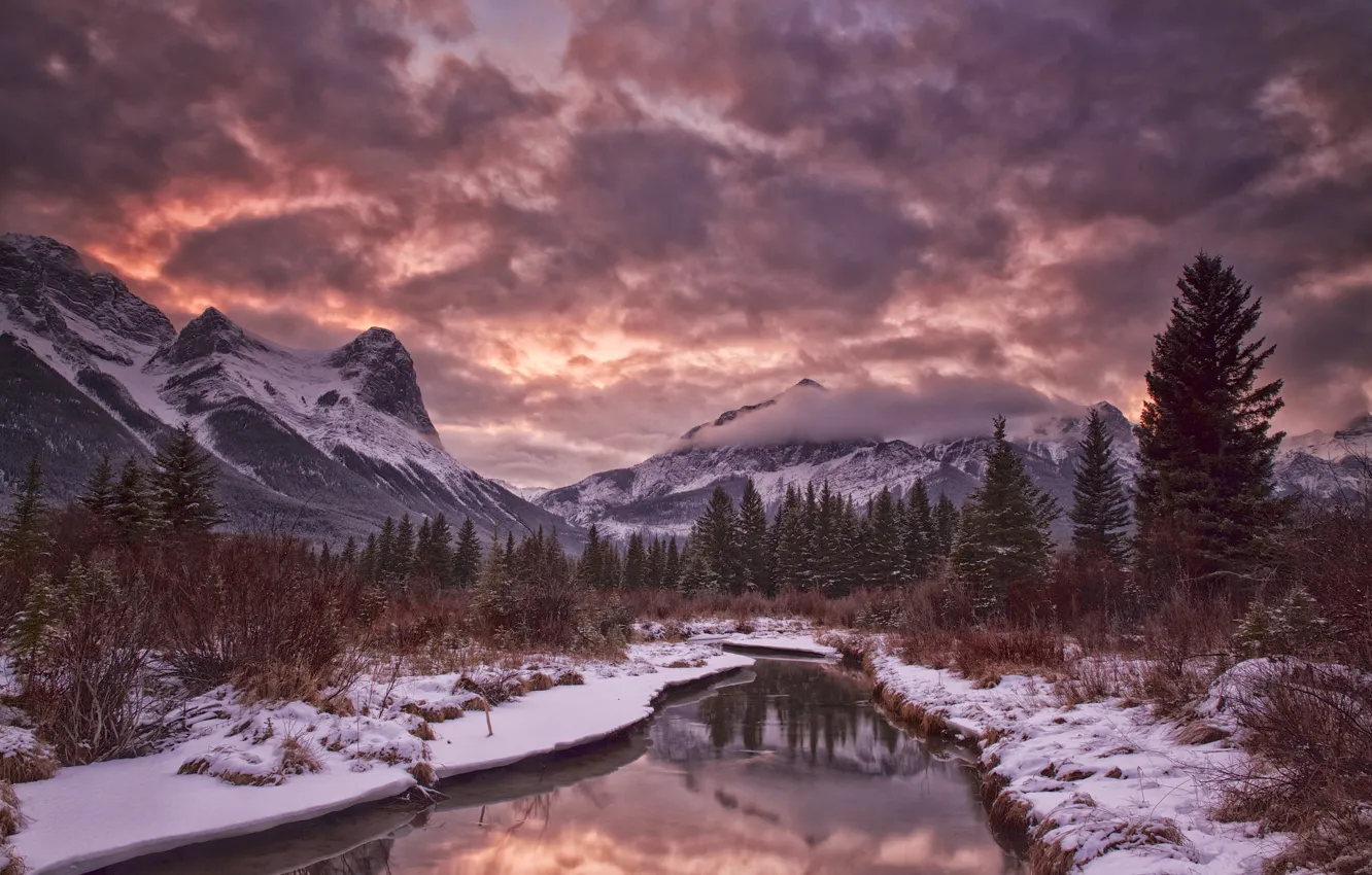 Photo wallpaper winter, the sky, clouds, snow, trees, mountains, river, the evening