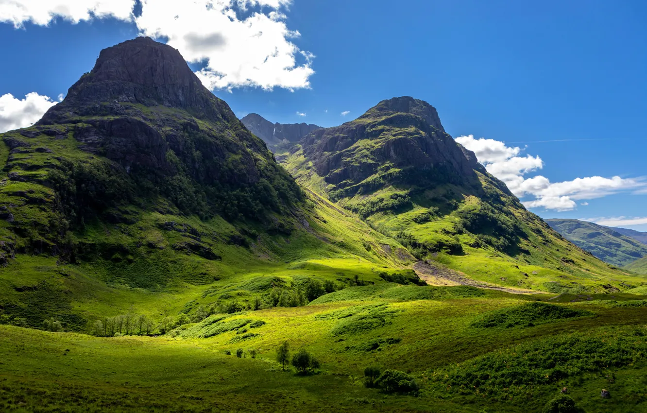 Photo wallpaper greens, the sky, the sun, clouds, mountains, rocks, valley, Scotland