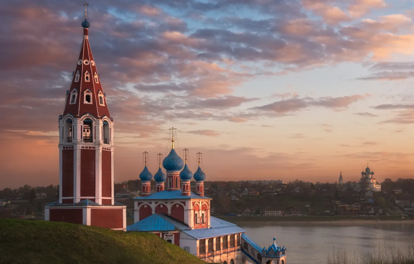 Photo wallpaper river, temple, Russia, Yaroslavl oblast, the bell tower, Volga River, Tutaev, Kazan Transfiguration Church