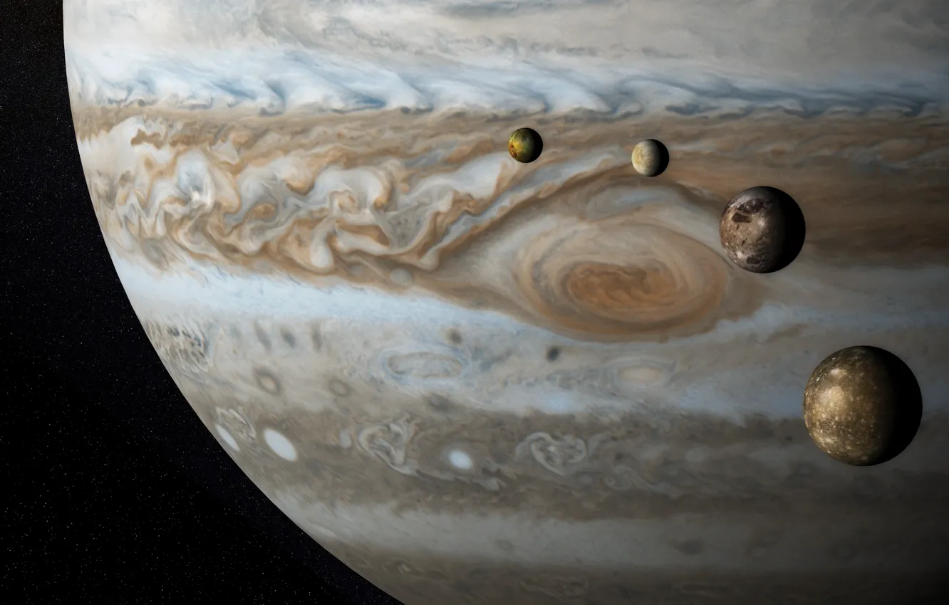 Photo wallpaper planet, Europe, Jupiter, satellites, Ganymede, Callisto