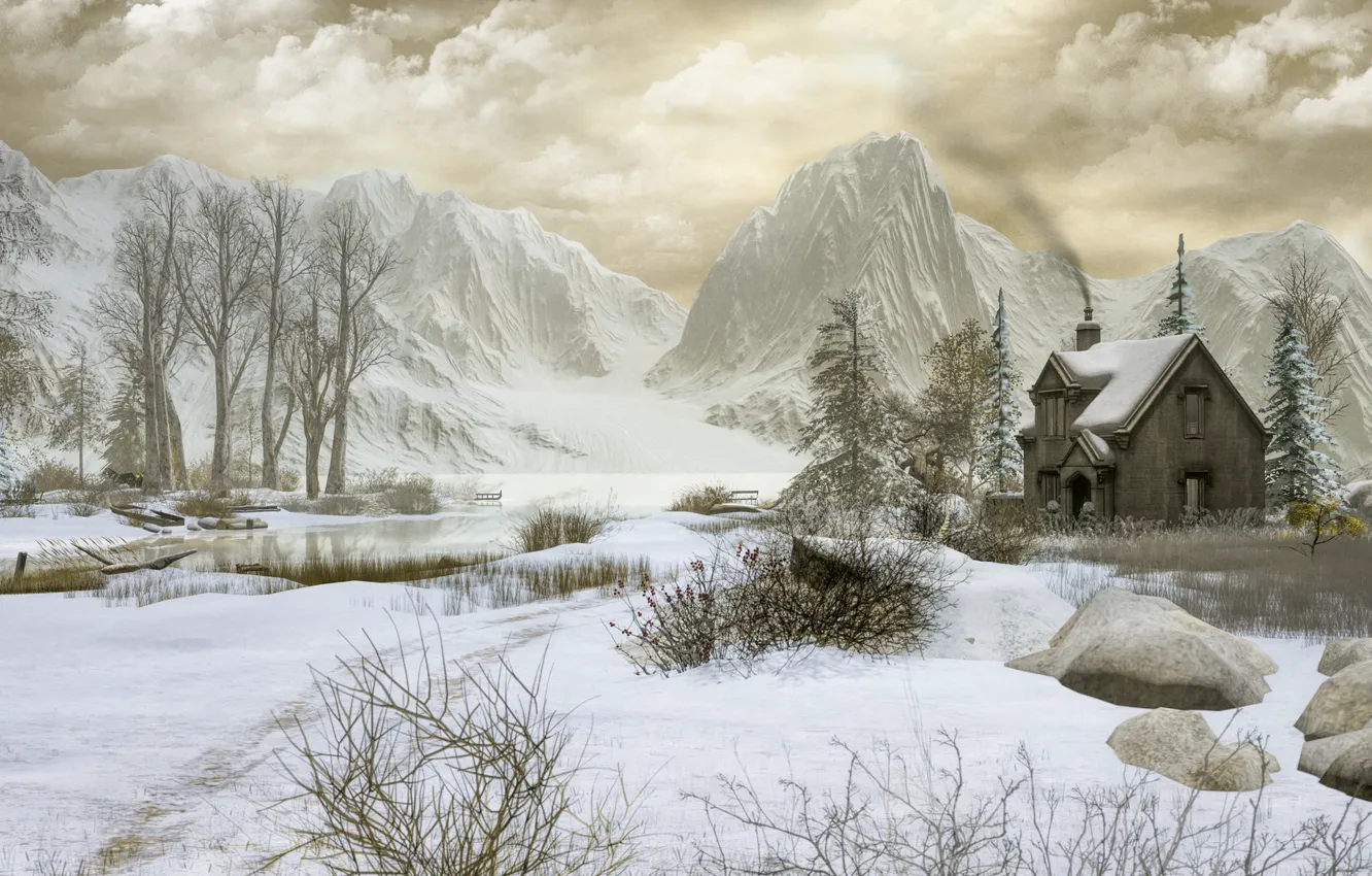 Photo wallpaper winter, trees, mountains, house