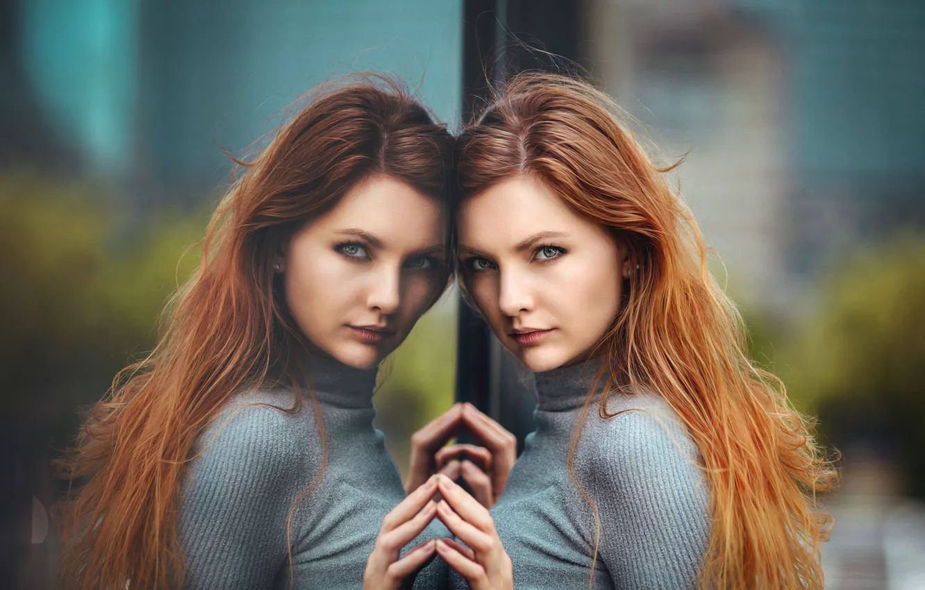 Photo wallpaper look, glass, girl, face, reflection, hair, portrait, Valeria Gaiduk