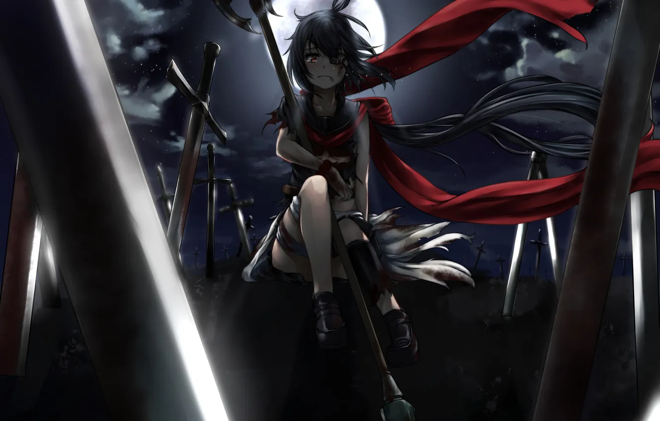 Photo wallpaper the sky, girl, stars, clouds, night, weapons, the moon, blood