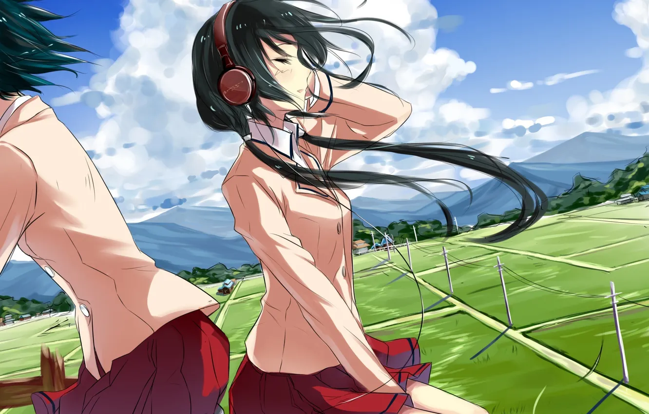 Photo wallpaper field, the sky, girl, clouds, nature, bike, anime, headphones