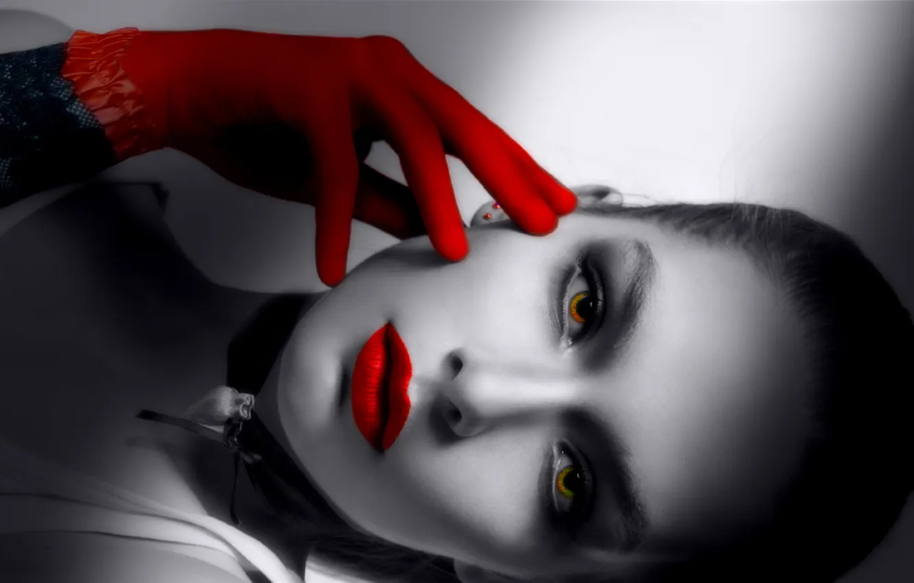 Photo wallpaper eyes, red, face, lips, gloves