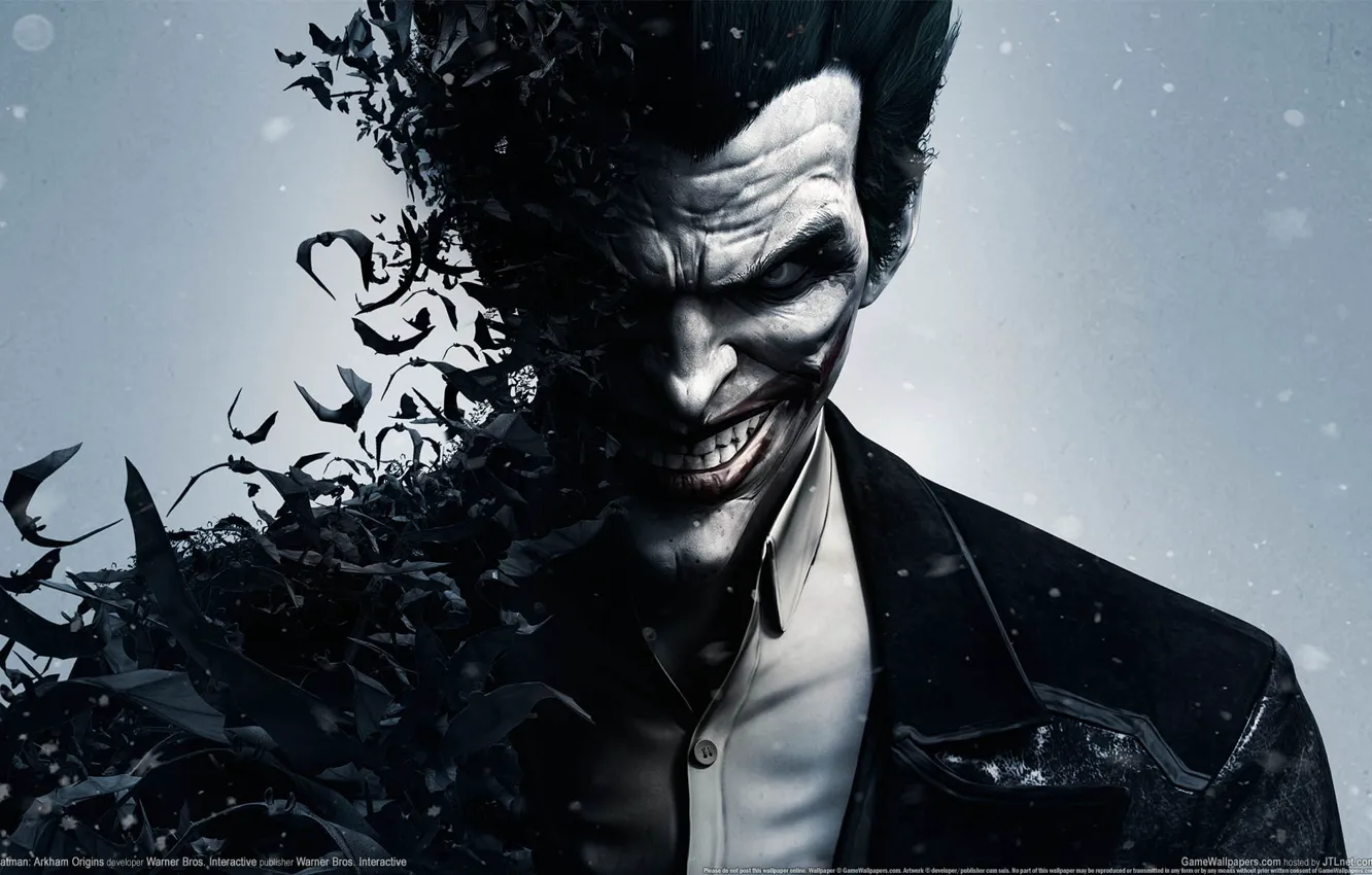Photo wallpaper smile, teeth, Joker, villain, shirt, bats, GameWallpapers, Joker