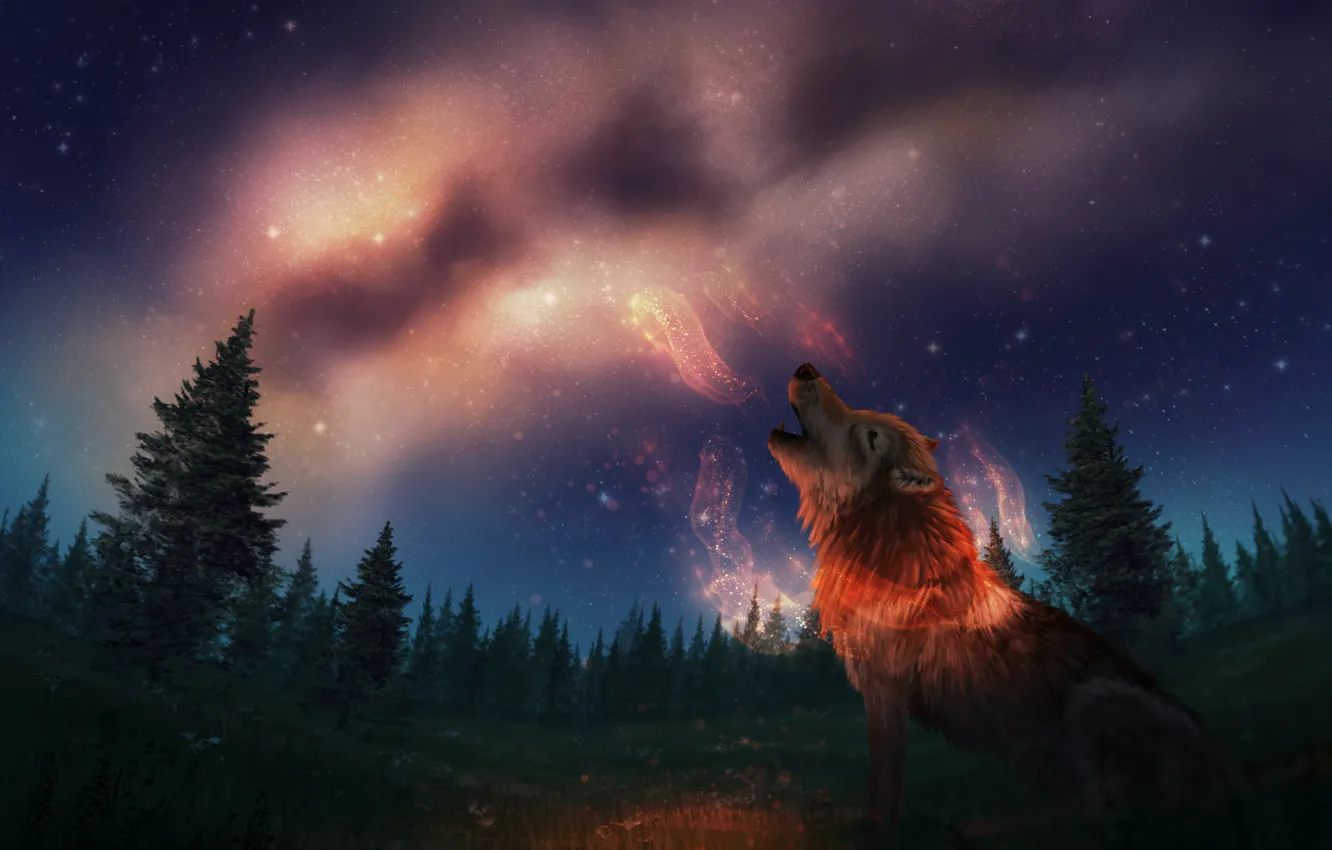 Photo wallpaper night, nature, wolf, fantasy, the milky way, howling, by CreeperMan0508