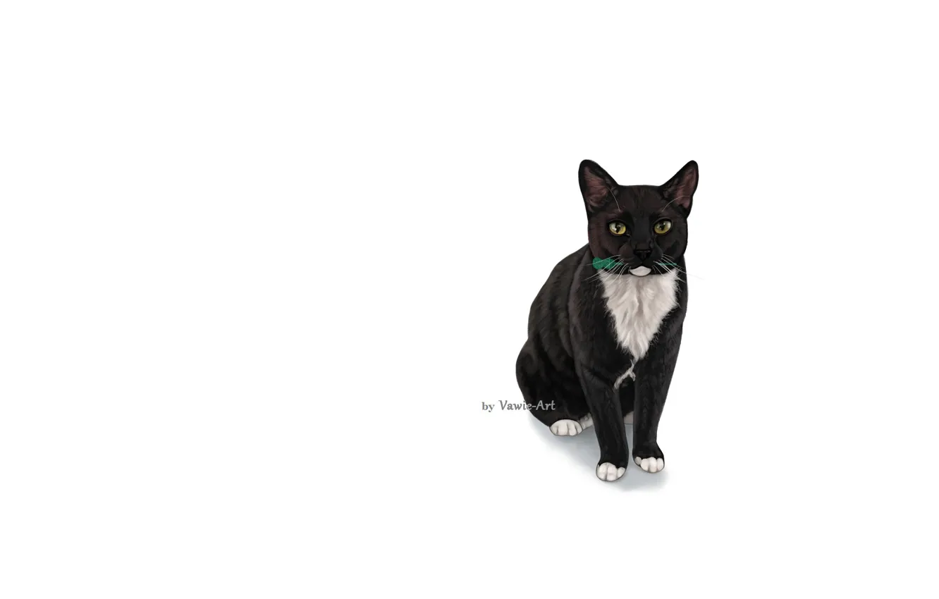 Photo wallpaper white background, black cat, holds the teeth, by Vawieart