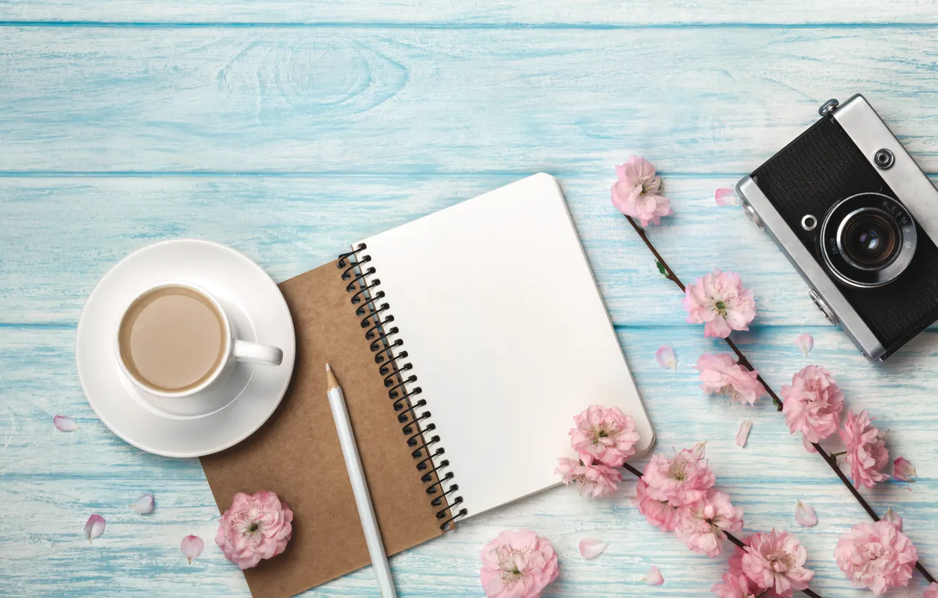 Photo wallpaper flowers, coffee, the camera, Cup, Notepad, pencil
