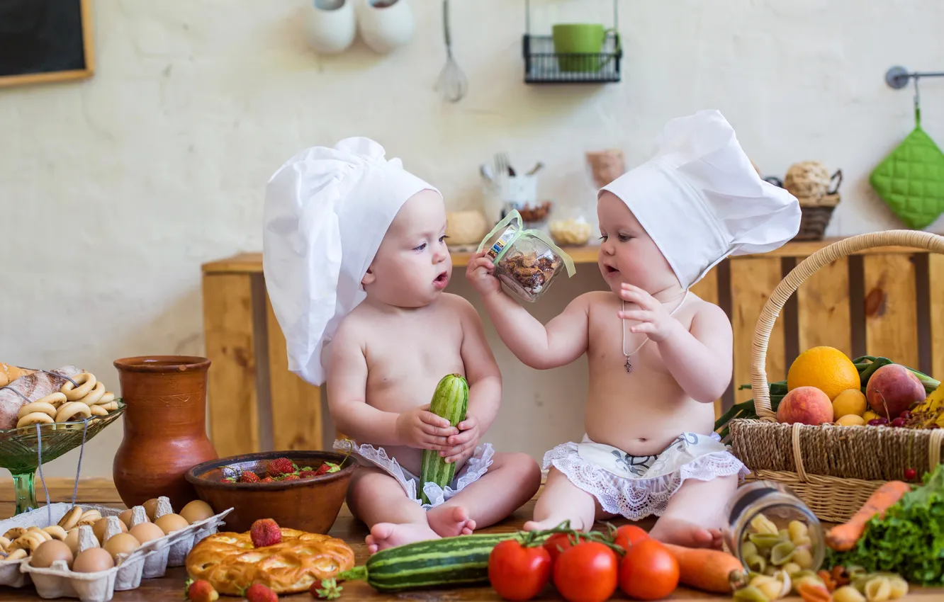 Photo wallpaper children, table, basket, strawberry, kitchen, small, cook, vegetables