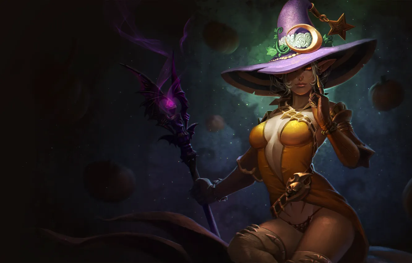 Photo wallpaper girl, hat, staff, witch, elf