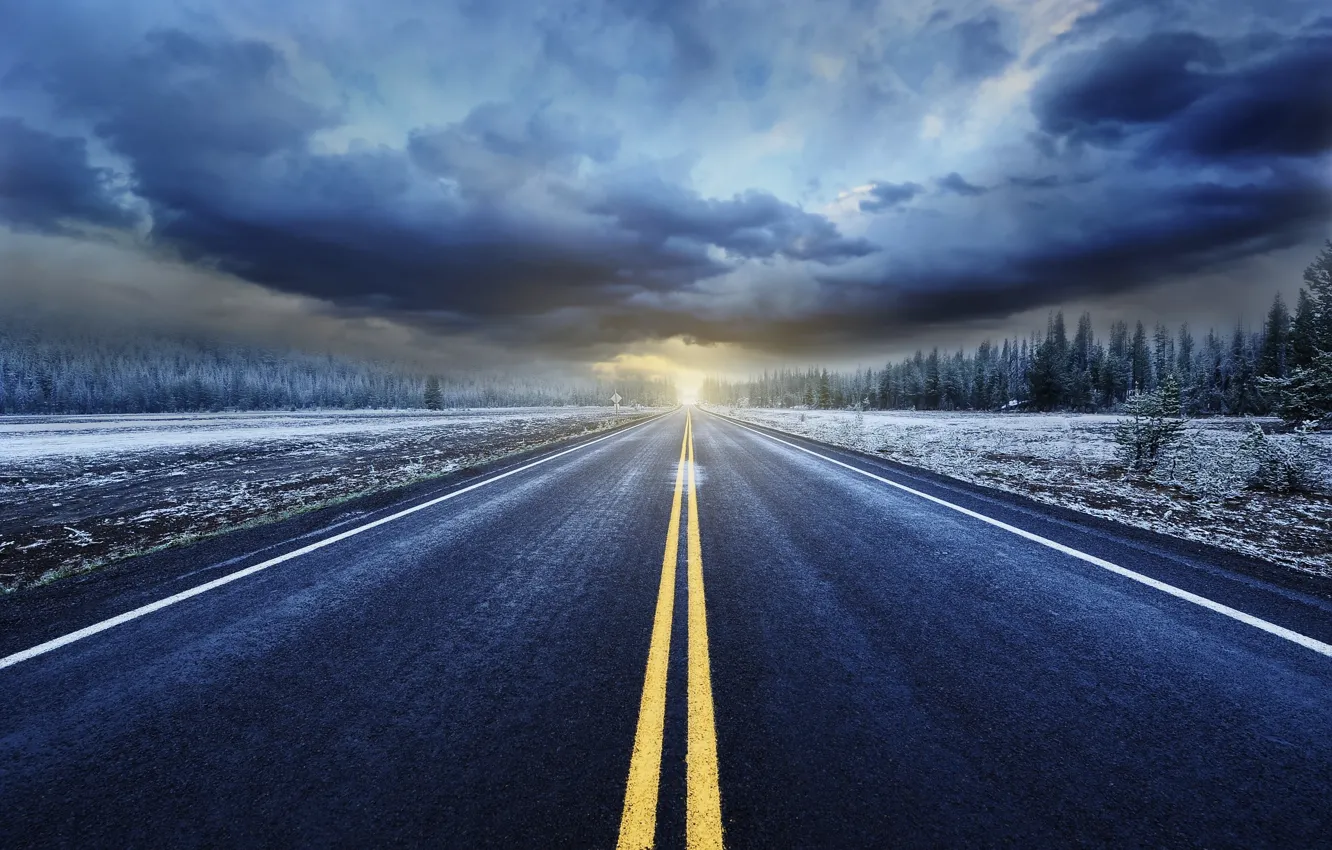 Photo wallpaper road, forest, the sky, clouds, light