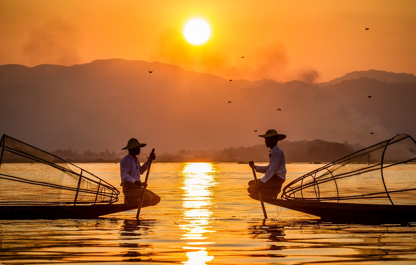Photo wallpaper lake, boat, fisherman, morning, Myanmar, fisherman on boat at early sunrise, lake Intha, Inle