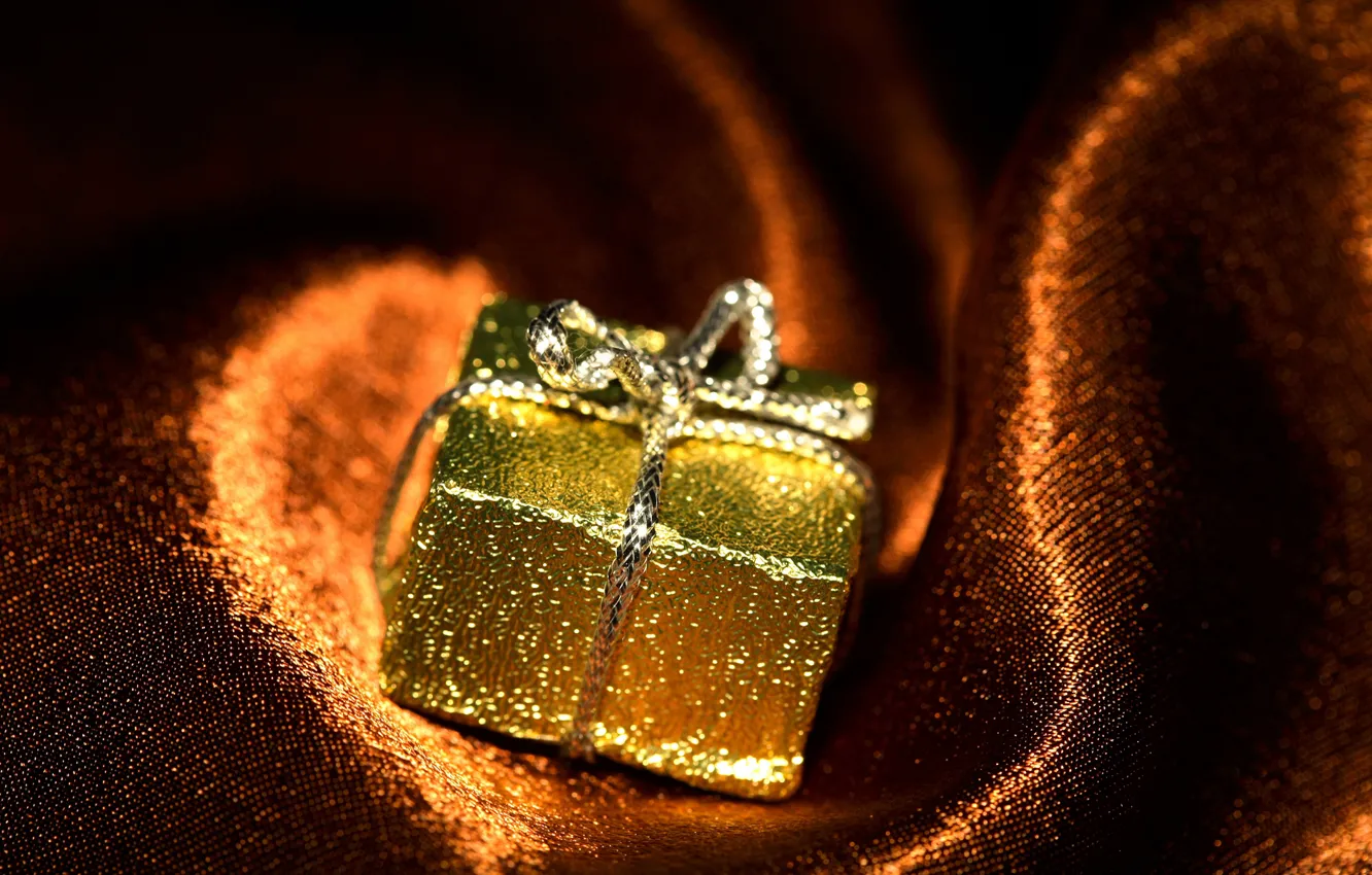 Photo wallpaper macro, background, gold, box, gift, tape, fabric, surprise
