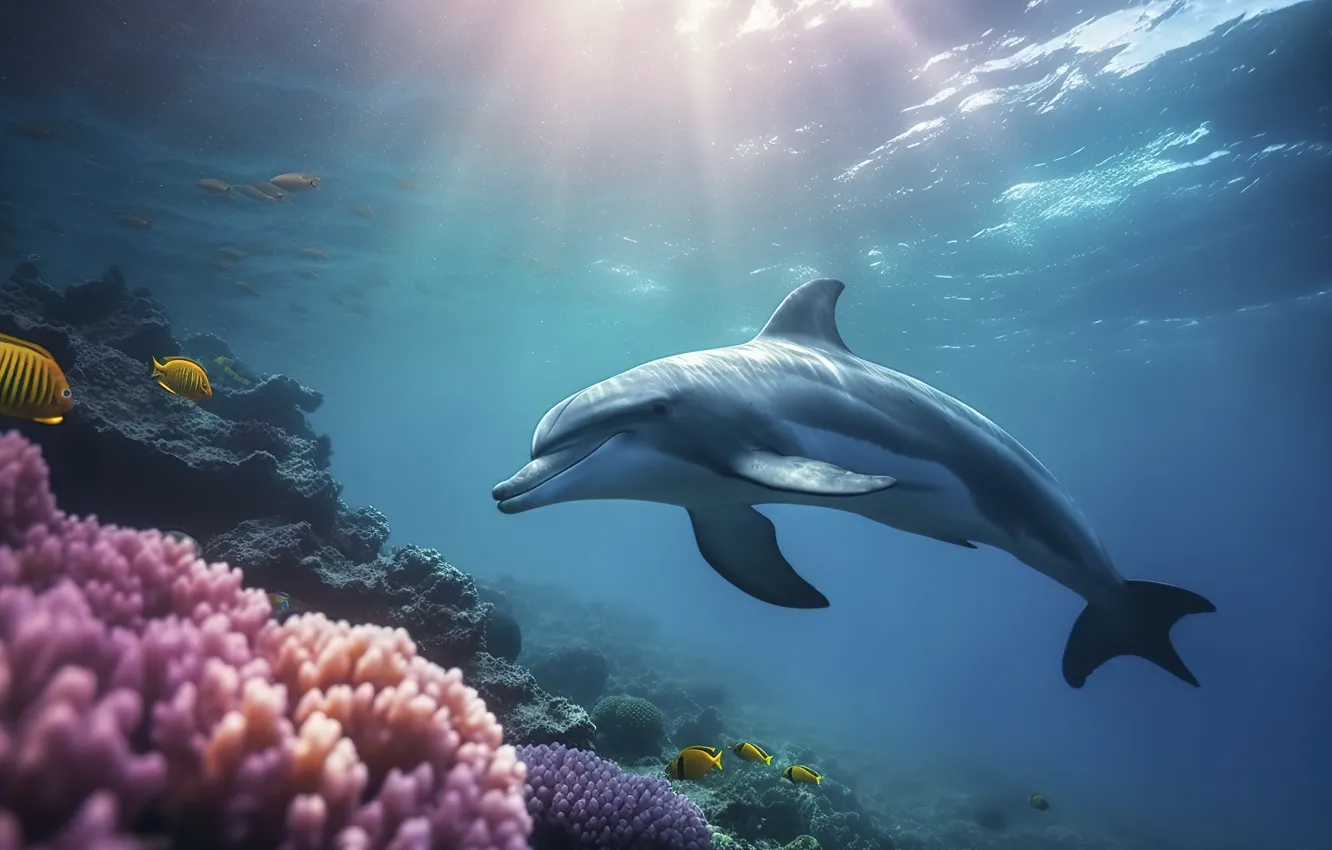 Photo wallpaper sea, wave, water, the ocean, dolphins, underwater world, swimming, Marine Animals