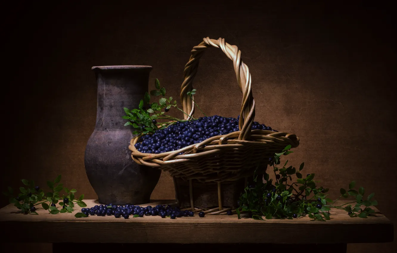 Wallpaper greens, basket, blueberries, berry, vase for mobile and