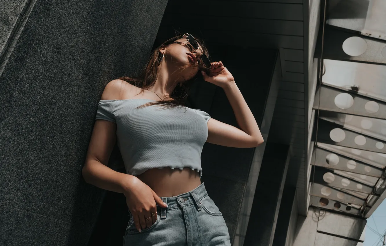 Photo wallpaper girl, model, jeans, brunette, red lipstick, women with glasses, Maks Miron, women with shades