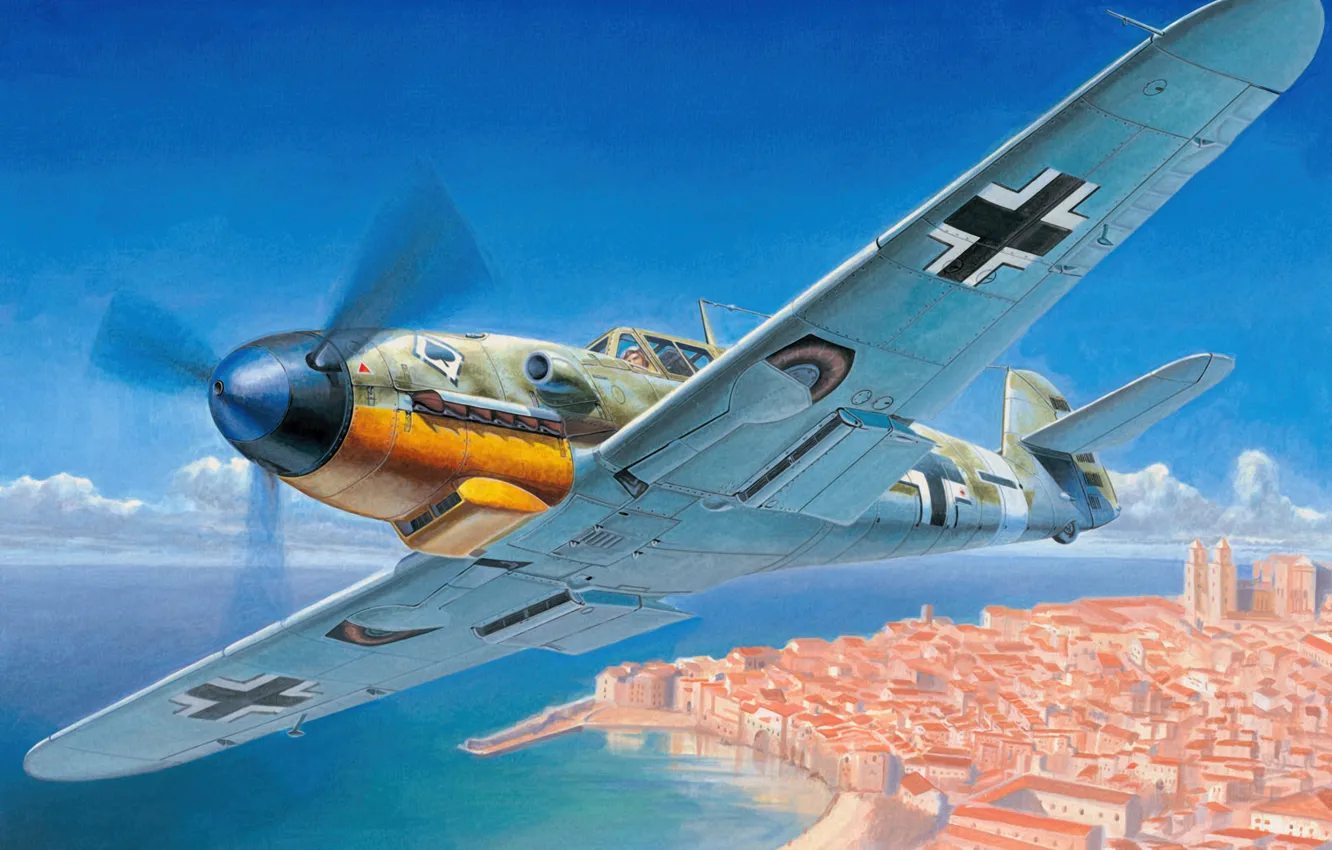 Photo wallpaper war, art, painting, aviation, ww2, Messerschmitt Bf-109